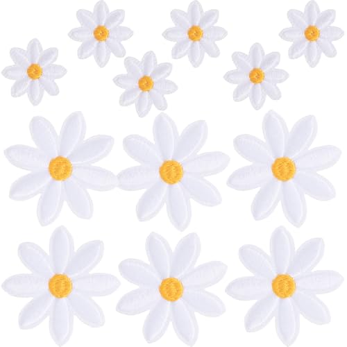 JYvivid 12 Stück Blumen zum Aufbügeln, weiße Gänseblümchen-Applikation, bestickte Applikation zum Aufnähen von Kleidung, Taschen, Jacken, Jeans (2 Stile) von JYvivid