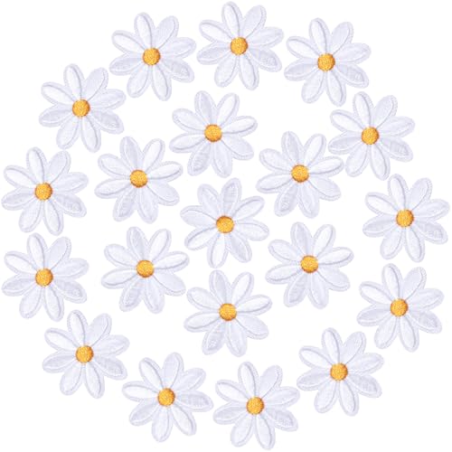 JYvivid 20 Stück Blumen zum Aufbügeln, weiße Gänseblümchen-Applikation, bestickte Applikation zum Aufnähen von Kleidung, Taschen, Jacken, Jeans (3,5 cm) von JYvivid