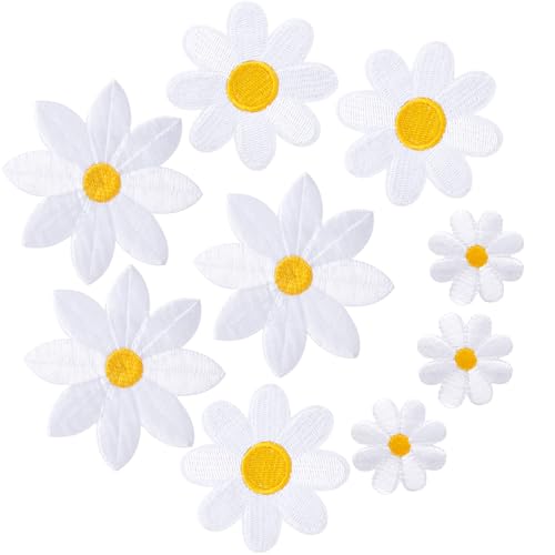 JYvivid 9 Stück Blumen zum Aufbügeln, weiße Gänseblümchen-Applikation, bestickte Applikation zum Aufnähen von Kleidung, Taschen, Jacken, Jeans (3 Stile) von JYvivid
