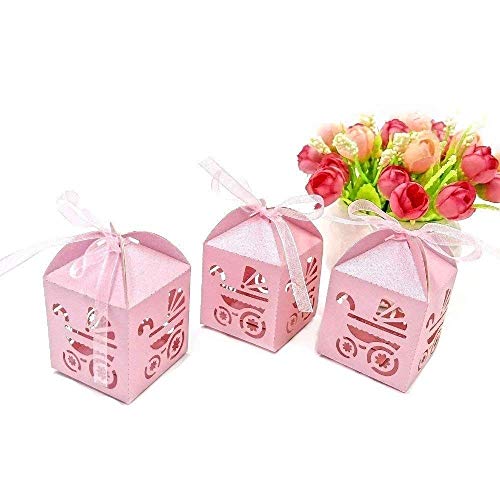 JZK 48 x Rosa Kinderwagen Party Geschenkboxen für Mädchen Babyparty Gastgeschenk kleine Süßigkeiten Box Schachtel für Baby kleinen Mädchen Geburtstag Taufe Neugeborenen Baby Shower Kinder Party von JZK