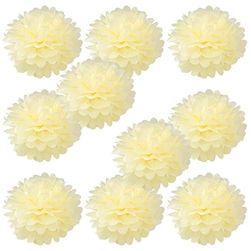 JZK 10 x Pompoms Pompons, 25cm Durchmesser, Seidenpapier blume Dekoration für Wohnzimmer Hochzeit Geburtstag Babyparty Kinder Party Weihnachten Silvester, Creme/ Elfenbein gelb von JZK