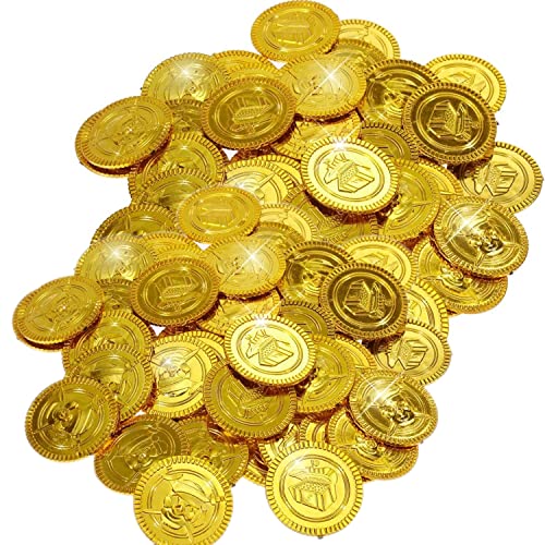 JZK 100 x Goldmünzen aus Kunststoff, gefälschte Piraten-Schatzsuche-Münzen, Spielzeug für Kinder, Mitbringsel, Partytüten für Halloween/Weihnachten/Kindergeburtstagsfeier von JZK
