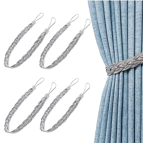 JZK 2 Paar silbergraue Raffhalter für Vorhänge, geflochtene Vorhang-Raffhalter, einfache Art Vorhangbänder, gebundenes Seil, Vorhanghalter, Seil für Vorhänge von JZK