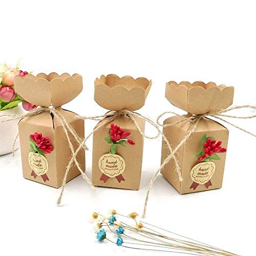 JZK 50 Kraftpapier Gasgeschenk Boxen + Jute String + Blumen + Aufkleber, Süßigkeiten Schachtel für Hochzeit Geburtstag Weihnachten Babyparty Kinder Party Garen Party von JZK