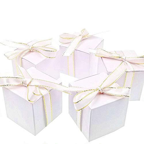 JZK 50 Leere weiße Hochzeitsbevorzugungskästen mit Filigran Bändern Papier Süßigkeiten Box für die Hochzeit Geburtstag Weihnachten Taufe Babydusche Kommunion Abschlussfeier von SmartSF