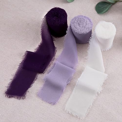 JZK Chiffonband-Rollen mit rohem Rand, violett-weiß, 5 m/Rolle, 4 cm breit, ausgefranstes Chiffon-Geschenkband für Geschenke, Hochzeitseinladungen, Geschenkband-Set, Blumenstrauß, 3 Stück von JZK