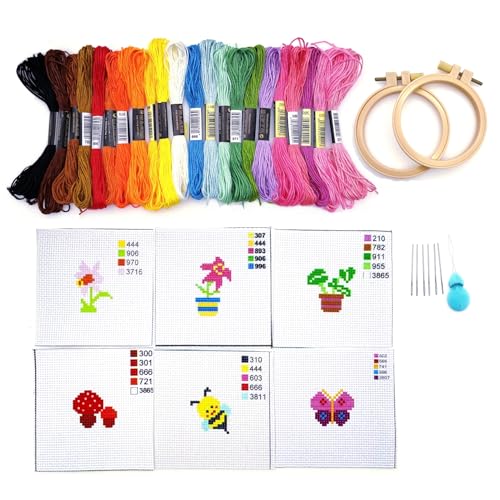 JZK Kreuzstich mit 6 Mustern für Anfänger, Stickerei-Starter-Set für Kinder von 7–13 Jahren und Erwachsene, mit Nähfäden, vorgedrucktem Stoff, Reifen und Nadeln von JZK