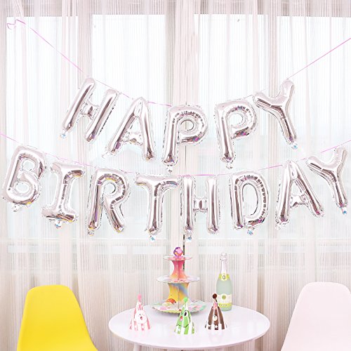 JZK Sliber Buchstaben Happy Birthday Folienballons, Alles Gute zum Geburtstag Luftballons Banner Bunting Dekoration für Kinder Party Geburtstag Party Babyparty von JZK