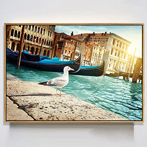 Pigeon Water City Venice Panorama Leinwand Bild-Moderne Kunstdruck Venedig Bilder-Landschaftsbild Gemälde Druck auf Leinwand -Leinwand Wandkunst für Wohnzimmer Deko80x120cm(32x47in) rahmenlos von JZSDGB