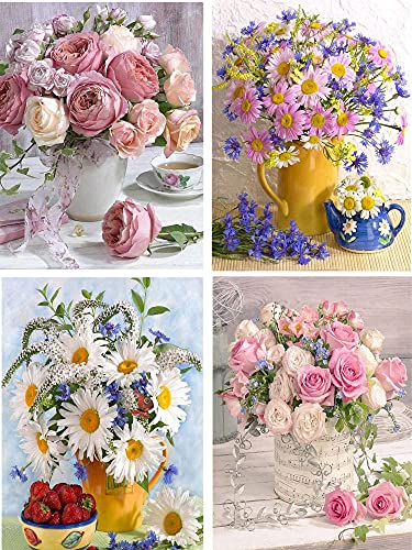 JaAoyoo Diamond Painting, 4 Pack Diamant Painting Bilder Erwachsene, Diamond Painting Blumen DIY 5D Diamant Painting Set für Home Wand Dekoration 30x40cm von JaAoyoo