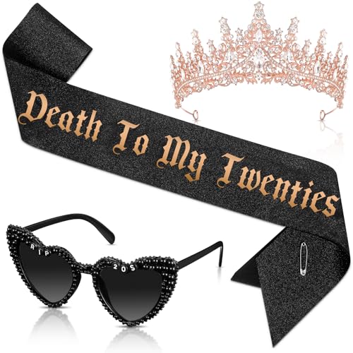 JaGely 3-teiliges Partyzubehör-Set zum 30. Geburtstag, Roségold, Krone, Gothic-Tiara, Rip to My 20s Sash Death to My 20s Sonnenbrille JaGely 3-teiliges Partyzubehör-Set zum 30. Geburtstag, Roségold, Krone, Gothic-Tiara, Rip to My 20s Sash Death to My 20s Sonnenbrille von JaGely