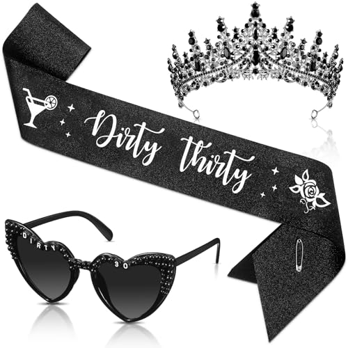 JaGely 3-teiliges Partyzubehör-Set zum 30. Geburtstag, schwarze Krone, Gothic-Tiara, Rip to My 20s Schärpe und Death to My 20s Sonnenbrille von JaGely