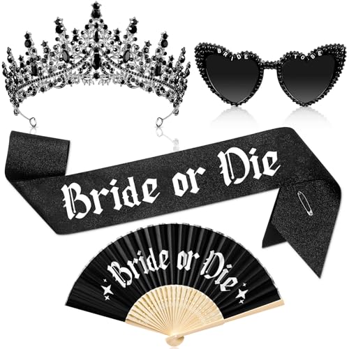 JaGely 4-teiliges Gothic-Bachelorette-Party-Zubehör-Set enthält schwarze Kristall-Tiara, Brautherz, Sonnenbrille, Brautschärpe und Fächer für Brautparty, Hochzeit, Verlobung, Party-Dekorationen (Bride JaGely 4-teiliges Gothic-Bachelorette-Party-Zubehör-Set enthält schwarze Kristall-Tiara, Brautherz, Sonnenbrille, Brautschärpe und Fächer für Brautparty, Hochzeit, Verlobung, Party-Dekorationen (Bride von JaGely