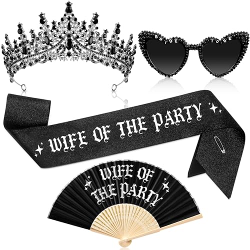 JaGely 4-teiliges Gothic-Bachelorette-Party-Zubehör-Set enthält schwarze Kristall-Tiara, Brautherz, Sonnenbrille, Brautschärpe und Fächer für Brautparty, Hochzeit, Verlobung, Party-Dekorationen (Frau JaGely 4-teiliges Gothic-Bachelorette-Party-Zubehör-Set enthält schwarze Kristall-Tiara, Brautherz, Sonnenbrille, Brautschärpe und Fächer für Brautparty, Hochzeit, Verlobung, Party-Dekorationen (Frau von JaGely