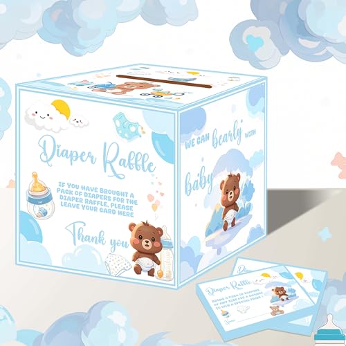 Windel-Verlosungsbox für Babyparty, Spiel-Dekorationen mit 50 Stück Windel-Tickets, Blaubär-Themen-Ratschläge und Wünsche, Windel-Verlosung, Schild, Einsatzkarten für Geschlechtsoffenbarung Windel-Verlosungsbox für Babyparty, Spiel-Dekorationen mit 50 Stück Windel-Tickets, Blaubär-Themen-Ratschläge und Wünsche, Windel-Verlosung, Schild, Einsatzkarten für Geschlechtsoffenbarung von Jaailee
