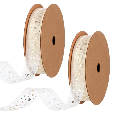 2 Rollen Satinband Gold,Sterne Bedruckt Geschenkband Gold 1.6 cm,10 Yard/Rollen,Schneegarn Schleifenband,Stoffband für Handwerk,Geschenkverpackung,Blumen,Hochzeitsfeier,Brautschmuck 2 Rollen Satinband Gold,Sterne Bedruckt Geschenkband Gold 1.6 cm,10 Yard/Rollen,Schneegarn Schleifenband,Stoffband für Handwerk,Geschenkverpackung,Blumen,Hochzeitsfeier,Brautschmuck von Jaarssho