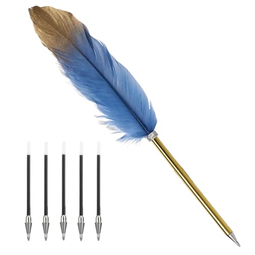Jaarssho Schreibfeder,Kugelschreiber Kugelschreiber Ergonomisch,Federstift,Federkugelschreiber mit 5 Ersatzminen,Schwarzer Tintenstift,Vintage-Federstifte für Hochzeiten,Briefeschreiben (Blau) von Jaarssho
