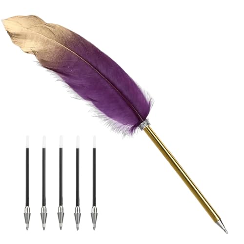 Jaarssho Schreibfeder,Kugelschreiber Kugelschreiber Ergonomisch,Federstift,Federkugelschreiber mit 5 Ersatzminen,Schwarzer Tintenstift,Vintage-Federstifte für Hochzeiten,Briefeschreiben (Violett) von Jaarssho