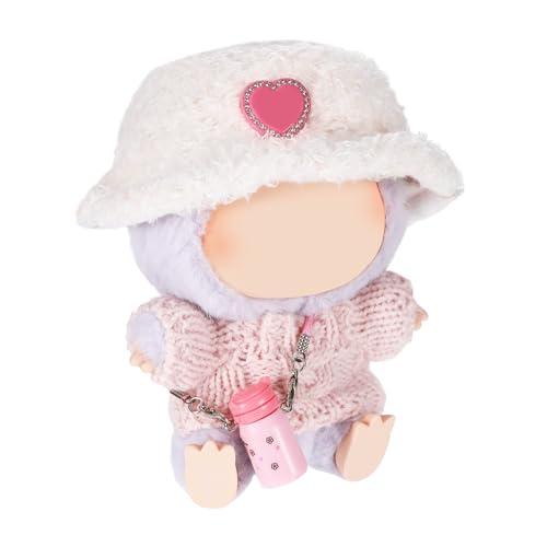 Puppen Kleidung,Süßes Mini Plüsch Bekleidung Set für 17cm Puppe,Rosa Pullover,Weißer Plüschhut, Pfirsichfarbene Wasserflasche,DIY Pullover Hoodie Bekleidungszubehör, (3-Teiliges Sett) von Jaarssho