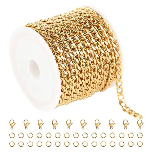 Jabogrii Goldfarbene Panzerketten für kubanische Schmuckherstellung, Edelstahl, Halskette, Armband, Kette mit Karabinerverschlüssen und offenen Binderingen für Schmuckherstellung, 4,5 m von Jabogrii
