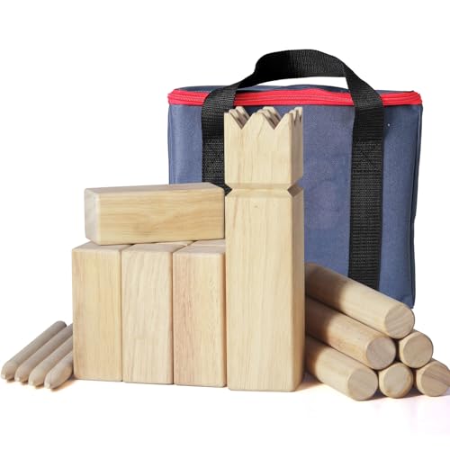 JacJoe All Pro Kubb Spiel im Freien | Wurfspiel mit Tragetasche | Kegelspiel | Gummi Holz Garten Rasen Spiele | Wurfspiel mit Tragetasche (30 x 7.5 x 7.5 cm-King, L) von JacJoe All Pro