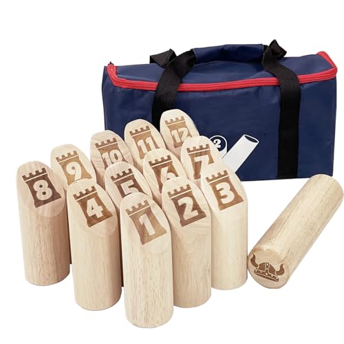 JacMok Numbered Toss -Wurfspiel - Wikingerspiel – Nummern Bowling mit Tasche-Holzwurfspiel Kegelspiel Spielzeug für draussen von Jac & Mok