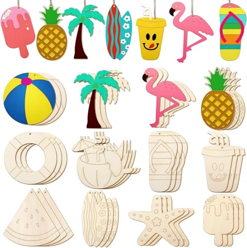 24 Stück Ozean-Themen-Holzausschnitte zum Bemalen DIY Handwerk Blanko Holzscheibe hängende Dekorationen mit Bindfaden, Meerestieren und tropischen Designs (Flamingo) von Jaccos