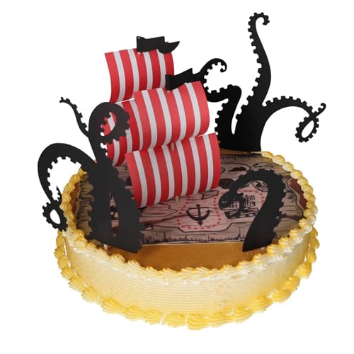 Cake Company Pirat Motivtorte | Torte Dekoration Set mit Schatzkarten-Zuckeraufleger & Papp-Pickern (Tentakel & Segel) | Perfekt für Kindergeburtstage & Piraten-Motto-Partys von Jacobi Decor