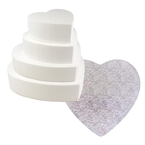 Jacobi Decor Herz Dummy Set 4 Etagen mit Tortenplatte | 20cm hohe, hochwertige Styropor Torte | Deko-Torte 15,5, 25,5, 30,5, 35,5 breit - 5cm Hoch | weiß (4 Stöckig) von Jacobi Decor