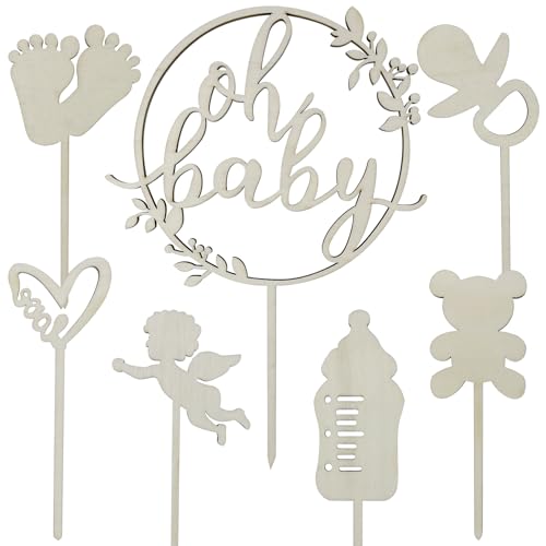7 x hölzerne Babyparty-Kuchenaufsätze, Boho-Kuchenaufsätze, Babyparty-Dekorationen für Babypartys und Geschlechtsoffenbarungspartys von Jaczora
