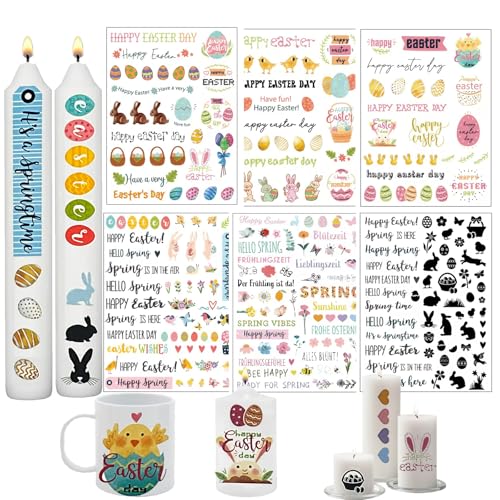 Kerzentattoo Ostern,6 Stück KerzenTattoo Ostern, Ostern Kerzenfolie, Wassertransferdruck|Wasserschiebefolie Kerzen |Ostern Geschenke Aufkleber Sticker für Kerze Tasse DIY Geschenk, Kerzen Dekorieren von Jadeunm