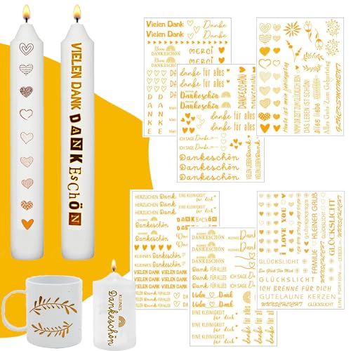 Jadeunm Kerzentattoo Danke,6 Stück Danke Kerzen Tattoofolie, A5 Glitzer Gold Danke Kerzen Tattoo Kerzentattoo Wassertransferdruck,Kerzen Aufkleber,Kerzenfolie Dankeschön für Kerze Tasse DIY Geschenk von Jadeunm