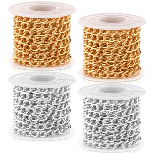 Jadive Aluminium-Panzerketten, gedrehte Glieder, Panzerketten, Schmuckherstellung, Ketten für Armband, Halskette, Schmuckherstellung, 4 Rollen (Silber, Gold) von Jadive