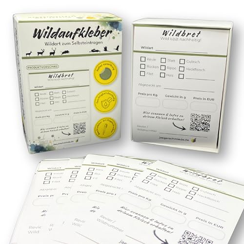 Jägerschmiede Wildaufkleber | 100 Stück | Format A7, 105 x 74 mm | feuchtigkeitsbeständig, tiefkühlgeeignet & beschreibbar | Wildbret-Aufkleber, Aufkleber für Wildfleisch, Etiketten Jägerschmiede Wildaufkleber | 100 Stück | Format A7, 105 x 74 mm | feuchtigkeitsbeständig, tiefkühlgeeignet & beschreibbar | Wildbret-Aufkleber, Aufkleber für Wildfleisch, Etiketten von Jägerschmiede