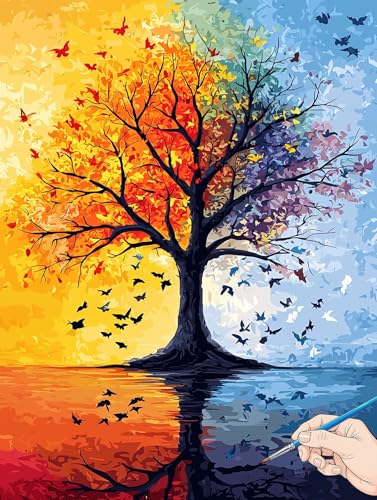 Malen Nach Zahlen Erwachsene Abstrakt Malen Nach Zahlen Kinder ab 10 Baum Set Basteln Erwachsene DIY Paint by Numbers Adult Acrylfarbe Ölgemälde Bastelset für Geschenke Deko Wohnzimmer 50x70cm I-80 von Jaeixouu