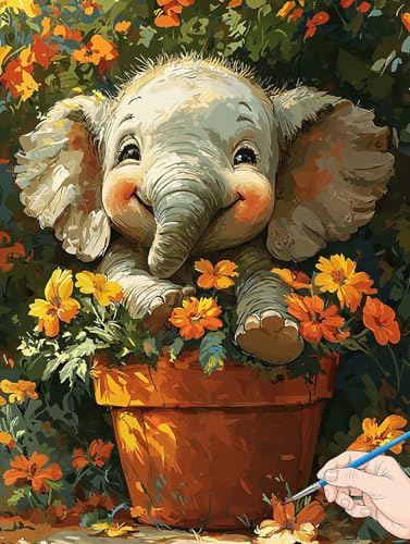 Malen Nach Zahlen Erwachsene Elefant Malen Nach Zahlen Niedlich DIY Set Ewachsene Paint by Numbers Adult mit Pinseln und Acrylfarbe Handgemalt Ölgemälde Kit für Geschenke für Frauen Deko 70x90cm E-61 von Jaeixouu