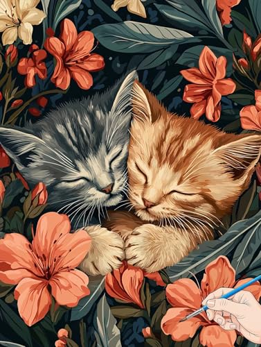 Malen Nach Zahlen Erwachsene Katze Malen Nach Zahlen Kinder ab 10 Blumen Set Basteln Erwachsene DIY Paint by Numbers Adult Acrylfarbe Ölgemälde Bastelset für Geschenke Deko Wohnzimmer 40x50cm I-12 von Jaeixouu