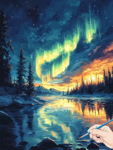 Malen Nach Zahlen Erwachsene Landschaft Malen Nach Zahlen Aurora DIY Set Ewachsene Paint by Numbers Adult mit Pinseln und Acrylfarbe Handgemalt Ölgemälde Kit für Geschenke für Frauen Deko 30x40cm H-56 von Jaeixouu
