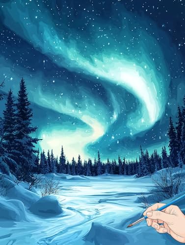 Malen Nach Zahlen Erwachsene Landschaft Malen Nach Zahlen Aurora DIY Set Ewachsene Paint by Numbers Adult mit Pinseln und Acrylfarbe Handgemalt Ölgemälde Kit für Geschenke für Frauen Deko 60x80cm B-20 von Jaeixouu