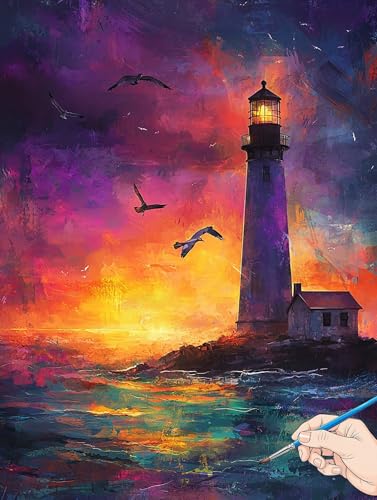 Malen Nach Zahlen Erwachsene Landschaft Malen Nach Zahlen Kinder ab 10 Leuchtturm Set Basteln Erwachsene DIY Paint by Numbers Adult Acrylfarbe Ölgemälde Bastelset Geschenke für Frauen 60x80cm A-70 von Jaeixouu