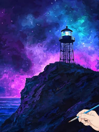 Malen Nach Zahlen Erwachsene Landschaft Malen Nach Zahlen Kinder ab 10 Leuchtturm Set Basteln Erwachsene DIY Paint by Numbers Adult Acrylfarbe Ölgemälde Bastelset Geschenke für Frauen 60x80cm B-61 von Jaeixouu