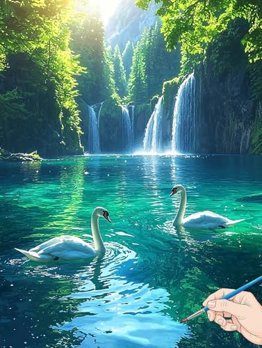 Malen Nach Zahlen Erwachsene Landschaft Malen Nach Zahlen Schwan DIY Set Ewachsene Paint by Numbers Adult mit Pinseln und Acrylfarbe Handgemalt Ölgemälde Kit für Geschenke für Frauen Deko 60x80cm F-86 von Jaeixouu