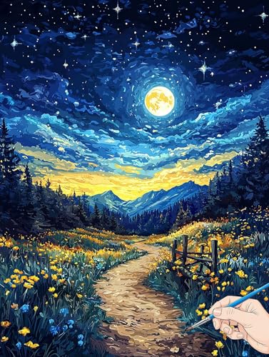 Malen Nach Zahlen Erwachsene Landschaft Malen Nach Zahlen Sternennacht DIY Set Ewachsene Paint by Numbers Adult mit Pinseln und Acrylfarbe Handgemalt Ölgemälde Kit Geschenke für Frauen 40x50cm J-02 von Jaeixouu