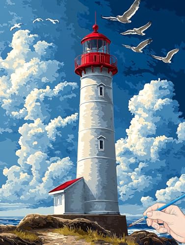 Malen Nach Zahlen Erwachsene Leuchtturm Malen Nach Zahlen Landschaft DIY Set Ewachsene Paint by Numbers Adult mit Pinseln und Acrylfarbe Handgemalt Ölgemälde Kit Geschenke für Frauen Deko 60x80cm J-16 von Jaeixouu