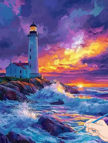 Malen Nach Zahlen Erwachsene Meer Malen Nach Zahlen Leuchtturm DIY Set Ewachsene Paint by Numbers Adult mit Pinseln und Acrylfarbe Handgemalt Ölgemälde Kit für Geschenke für Frauen Deko 70x90cm G-61 von Jaeixouu