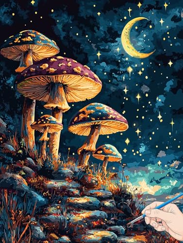 Malen Nach Zahlen Erwachsene Mond Malen Nach Zahlen Kinder ab 10 Pilz Set Basteln Erwachsene DIY Paint by Numbers Adult Acrylfarbe Ölgemälde Bastelset Herbstdeko Geschenke Deko Wohnzimmer 50x70cm B-43 von Jaeixouu