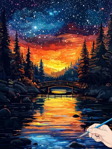Malen Nach Zahlen Erwachsene Sternennacht Malen Nach Zahlen Wald DIY Set Ewachsene Paint by Numbers Adult mit Pinseln und Acrylfarbe Handgemalt Ölgemälde Kit für Geschenke für Frauen Deko 50x70cm C-07 von Jaeixouu