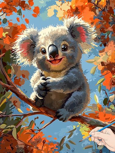 Malen Nach Zahlen Erwachsene Tiere Malen Nach Zahlen Koala DIY Set Ewachsene Paint by Numbers Adult mit Pinseln und Acrylfarbe Handgemalt Ölgemälde Kit Geschenke für Frauen Halloween Deko 50x70cm B-84 von Jaeixouu