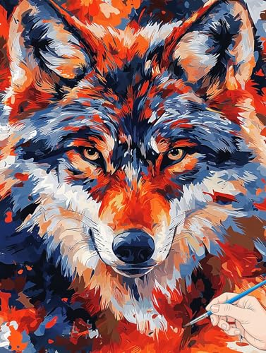 Malen Nach Zahlen Erwachsene Tiere Malen Nach Zahlen Wolf DIY Set Ewachsene Paint by Numbers Adult mit Pinseln und Acrylfarbe Handgemalt Ölgemälde Kit Geschenke für Frauen Halloween Deko 50x70cm B-98 von Jaeixouu