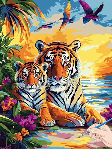 Malen Nach Zahlen Erwachsene Tiger Malen Nach Zahlen Kinder ab 10 Tiere Set Basteln Erwachsene DIY Paint by Numbers Adult Acrylfarbe Ölgemälde Bastelset für Geschenke Deko Wohnzimmer 70x90cm H-37 von Jaeixouu